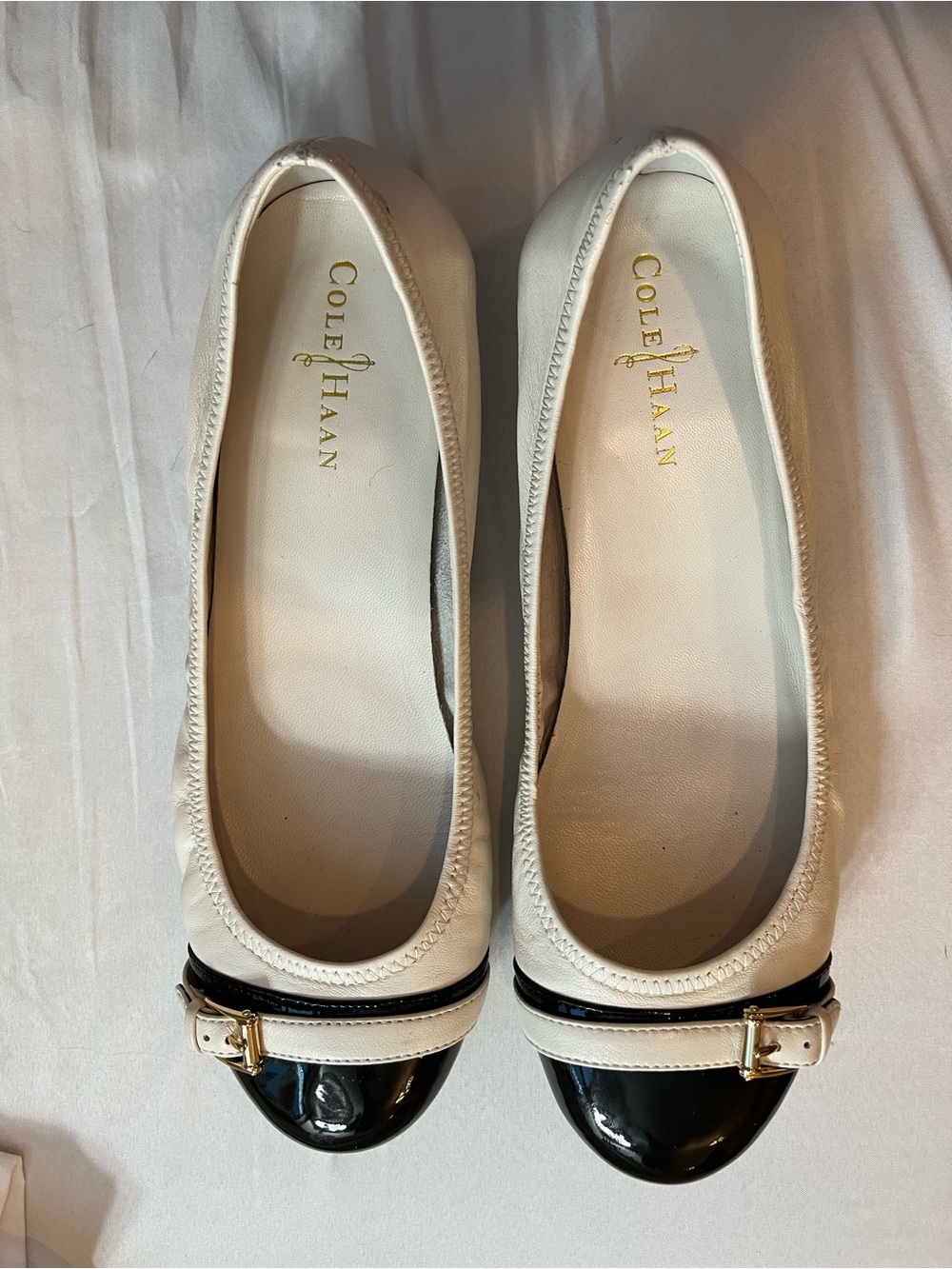 Cole Haan Cream and Black Cap-Toe Ballet Flats with Buckle